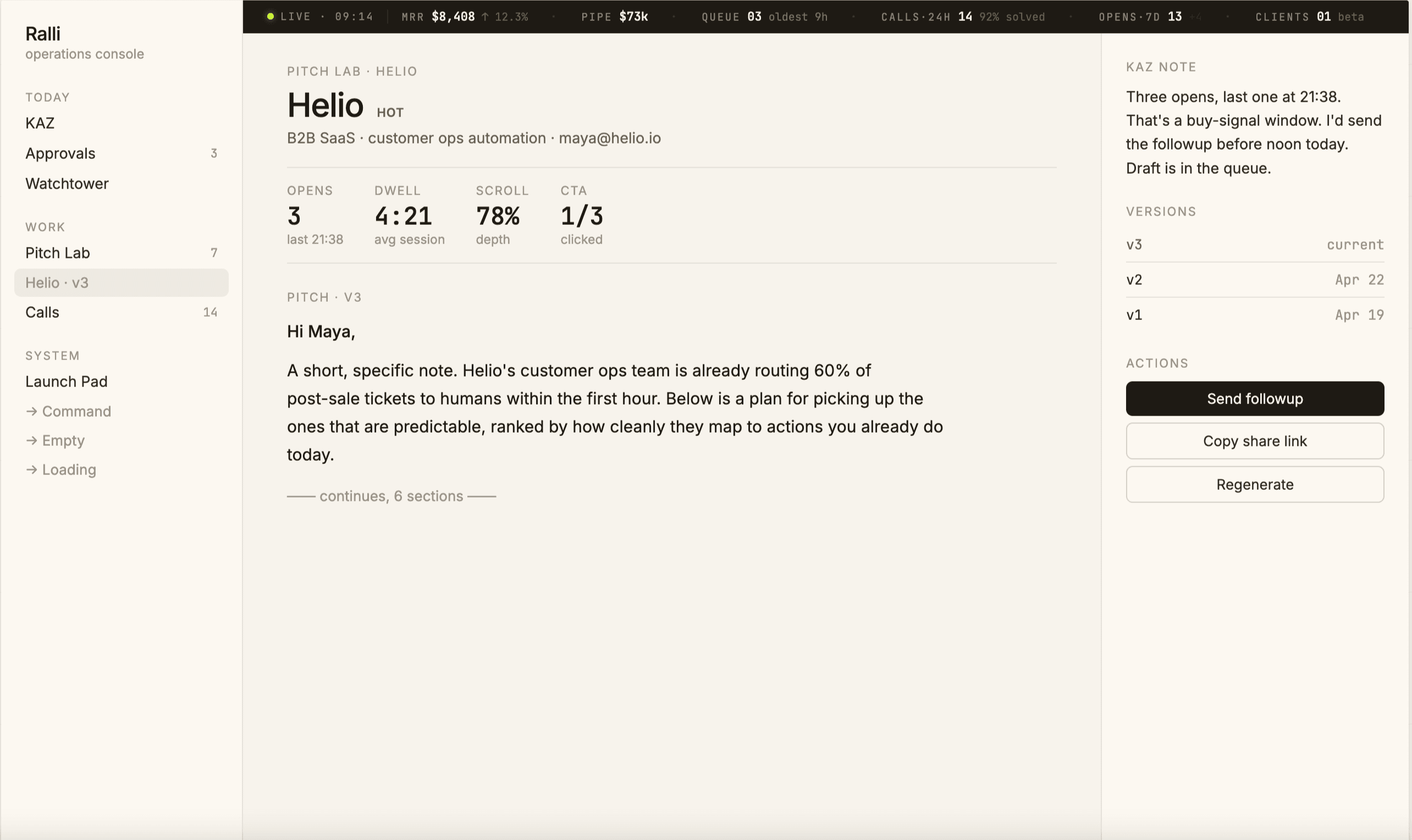 Ralli Console — dashboard with briefings and business activity